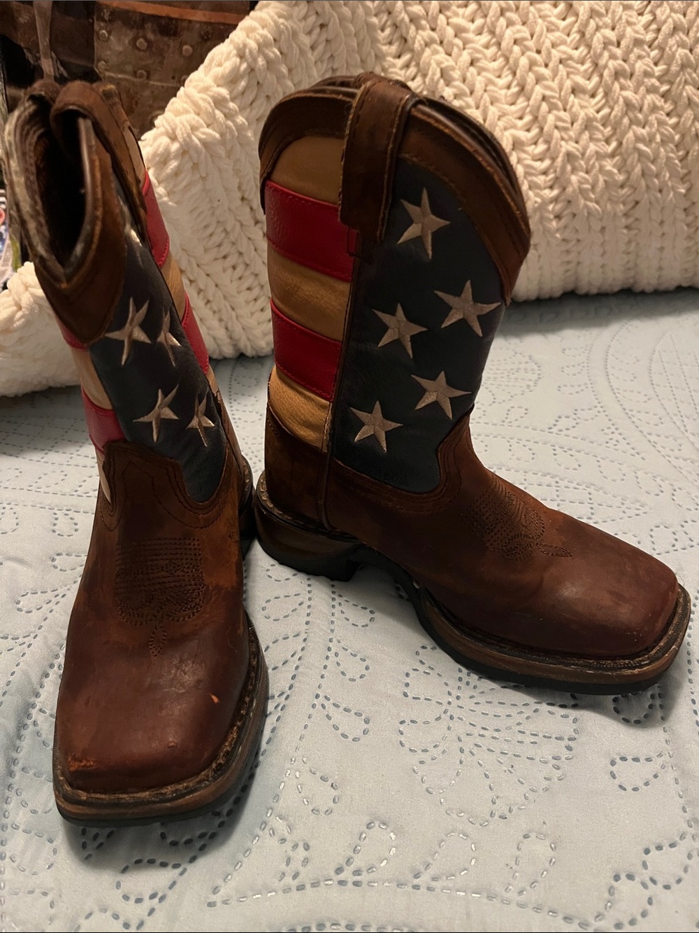 Durango Kids Brown Leather Western Boots with Red, White and Blue Flag Shaft